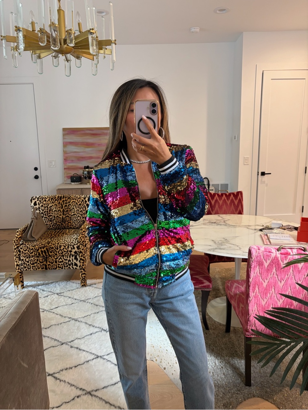 Lola & The Boys Multicolor Striped Sequin Bomber Jacket